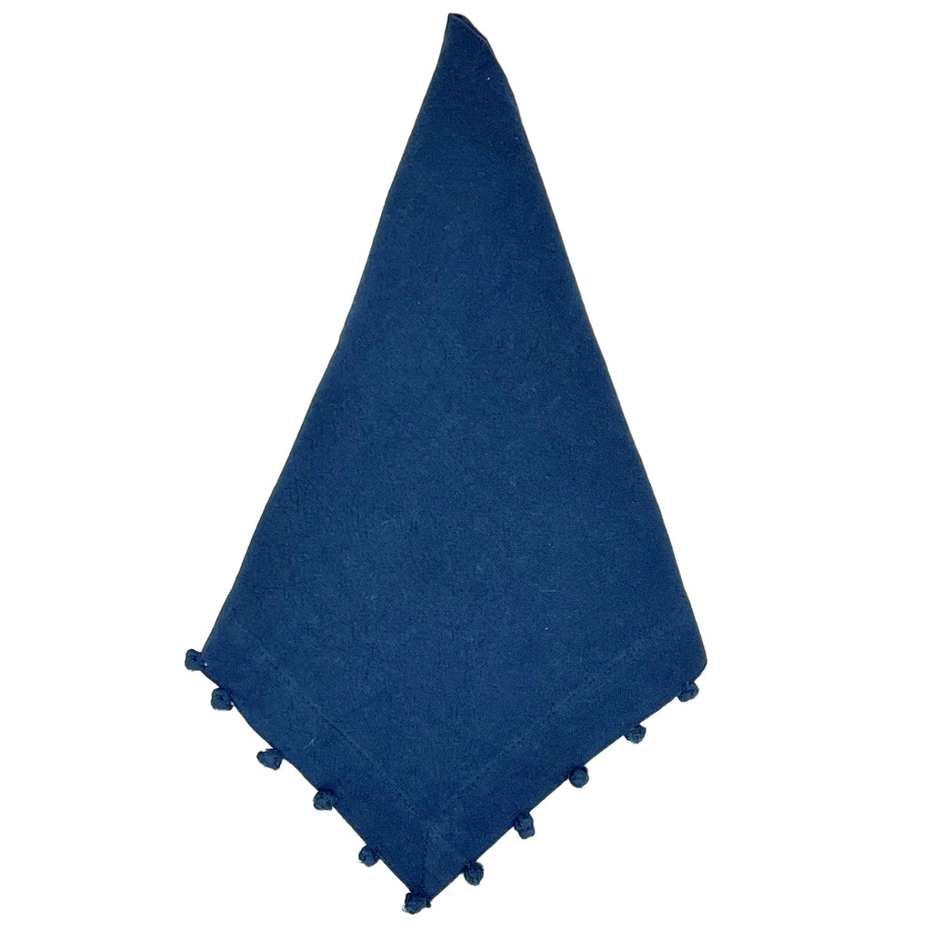 Navy Blue Cotton Napkin, Pom-Pom Border, Set of 8