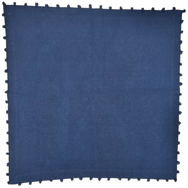 Navy Blue Cotton Napkin, Pom-Pom Border, Set of 8