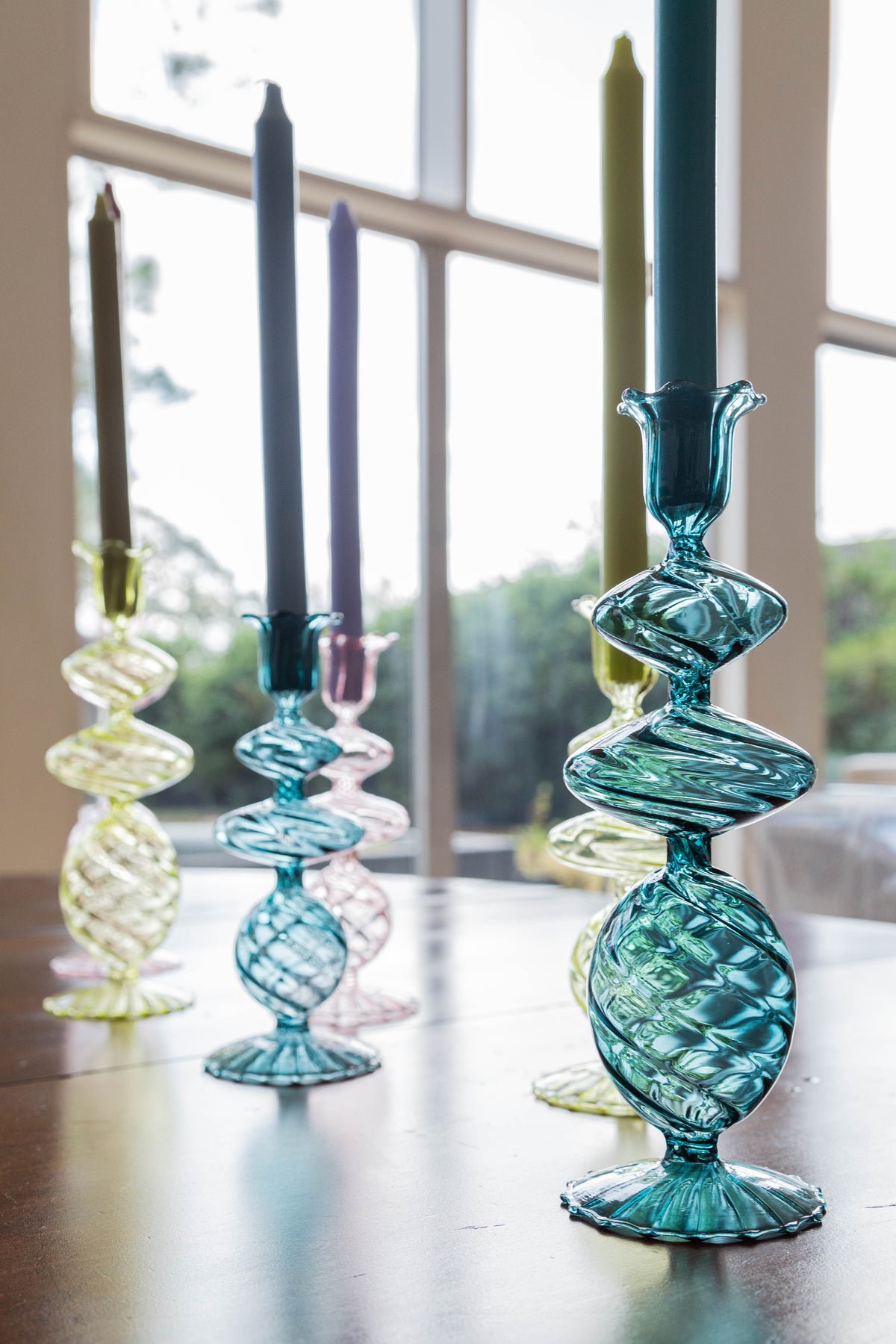 Green Swirl Glass Candlestick, Medium, Set of 2