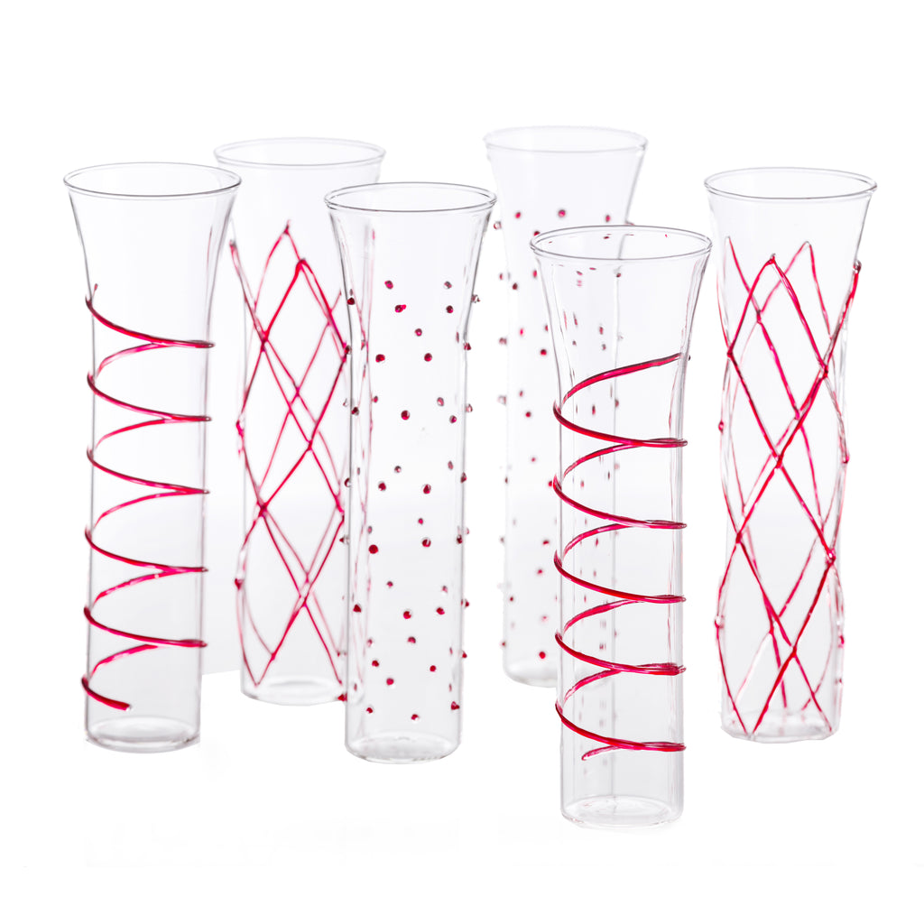 Razzle Dazzle Champagne Flutes with Red Accents, Set of 6