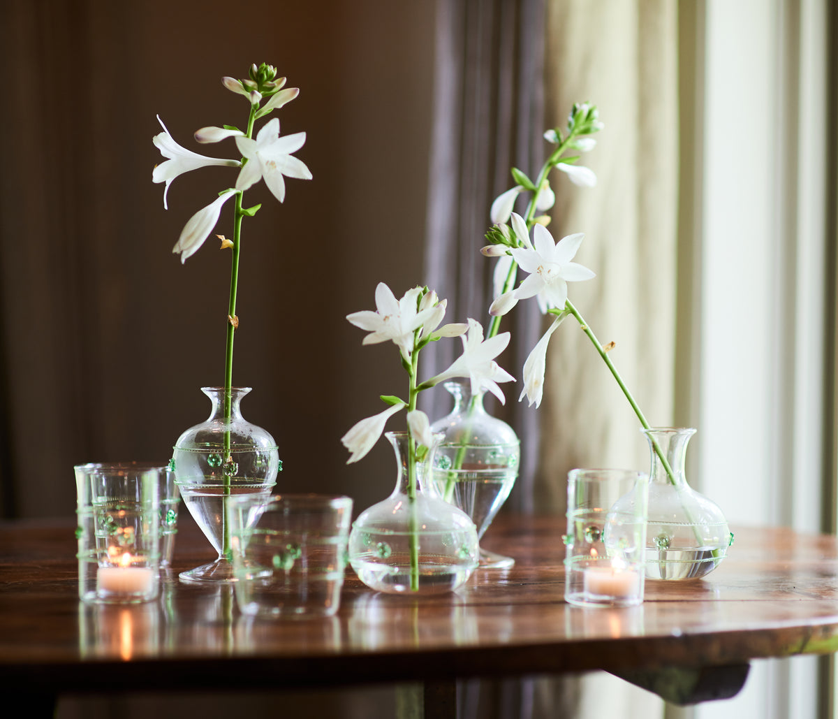 Clear Votive with Green Applied Glass Rope/Medallions