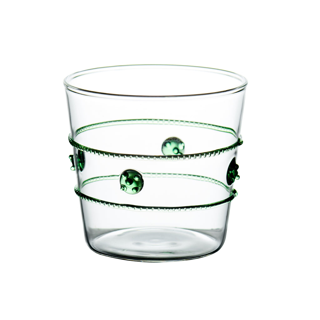 Double Old-Fashioned Glass w/ Applied Green Rope/Medallions, Set of 4