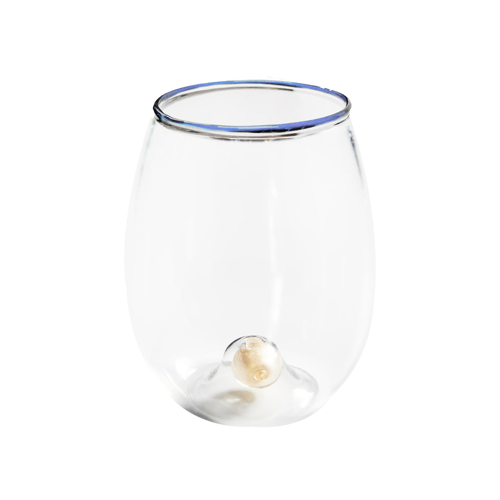 Golden Globe All-Purpose Stemless Wine Glass, Clear/Blue Trim