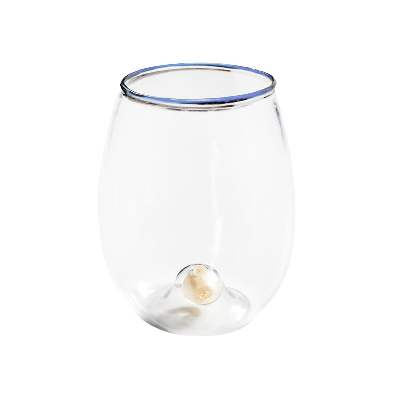 Golden Globe All-Purpose Stemless Wine Glass, Clear/Blue Trim