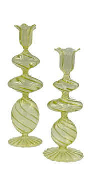 Green Swirl Glass Candlestick, Large, Set of 2