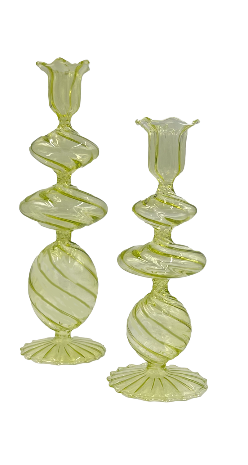 Green Swirl Glass Candlestick, Large, Set of 2