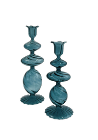 Blue Swirl Glass Candlestick, Large, Set of 2