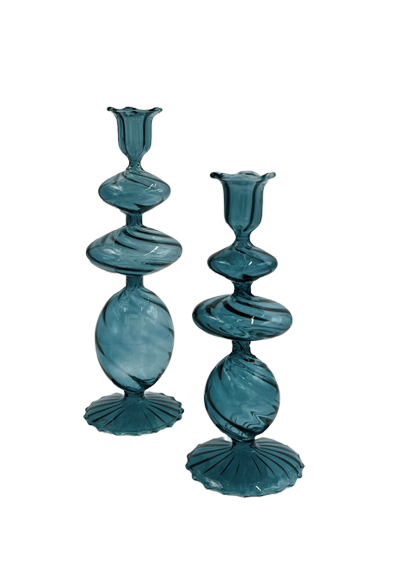 Blue Swirl Glass Candlestick, Large, Set of 2