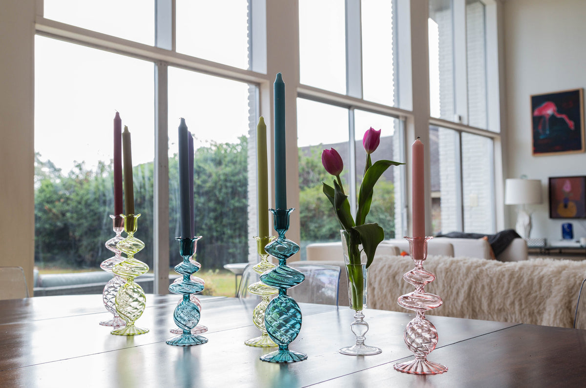 Green Swirl Glass Candlestick, Large