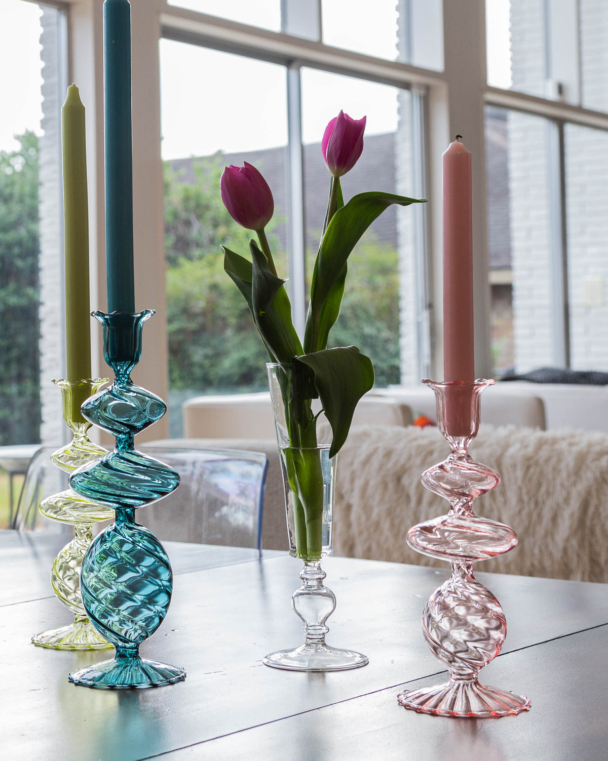 Pink Swirl Glass Candlestick, Large